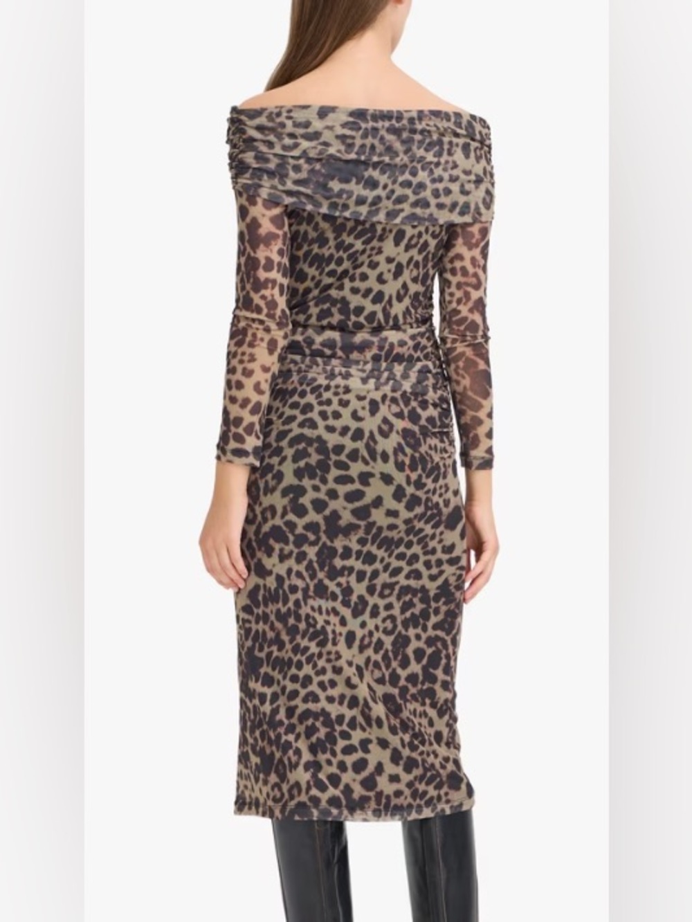 BNWOT ICHI Leopard-print Midi Dress Mesh Ruching Bardot Neck Size Small - Picture 2 of 12